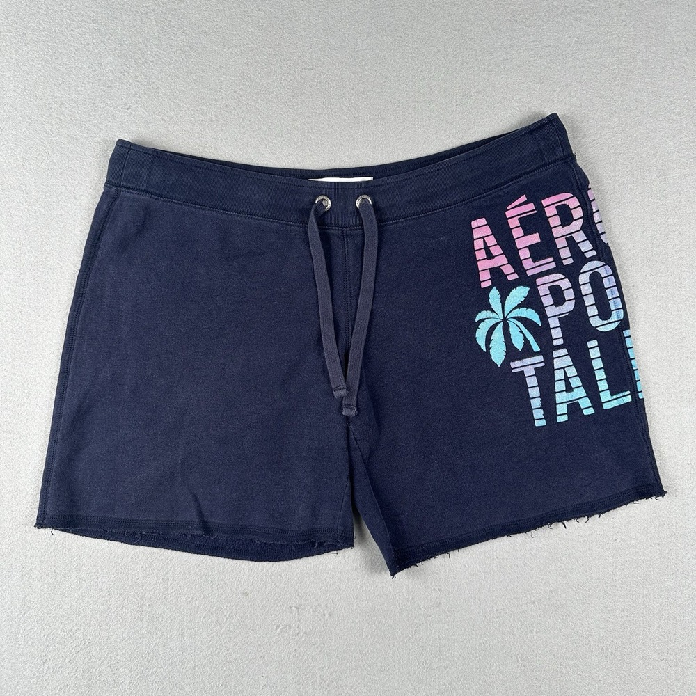Y2K Aeropostale Fleece Lounge Shorts Women's Large Blue Drawstring Print Logo